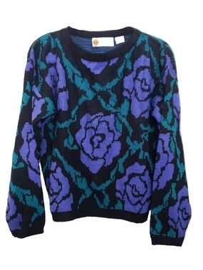 Country Concepts VTG 80's Black Floral Rose Sweater